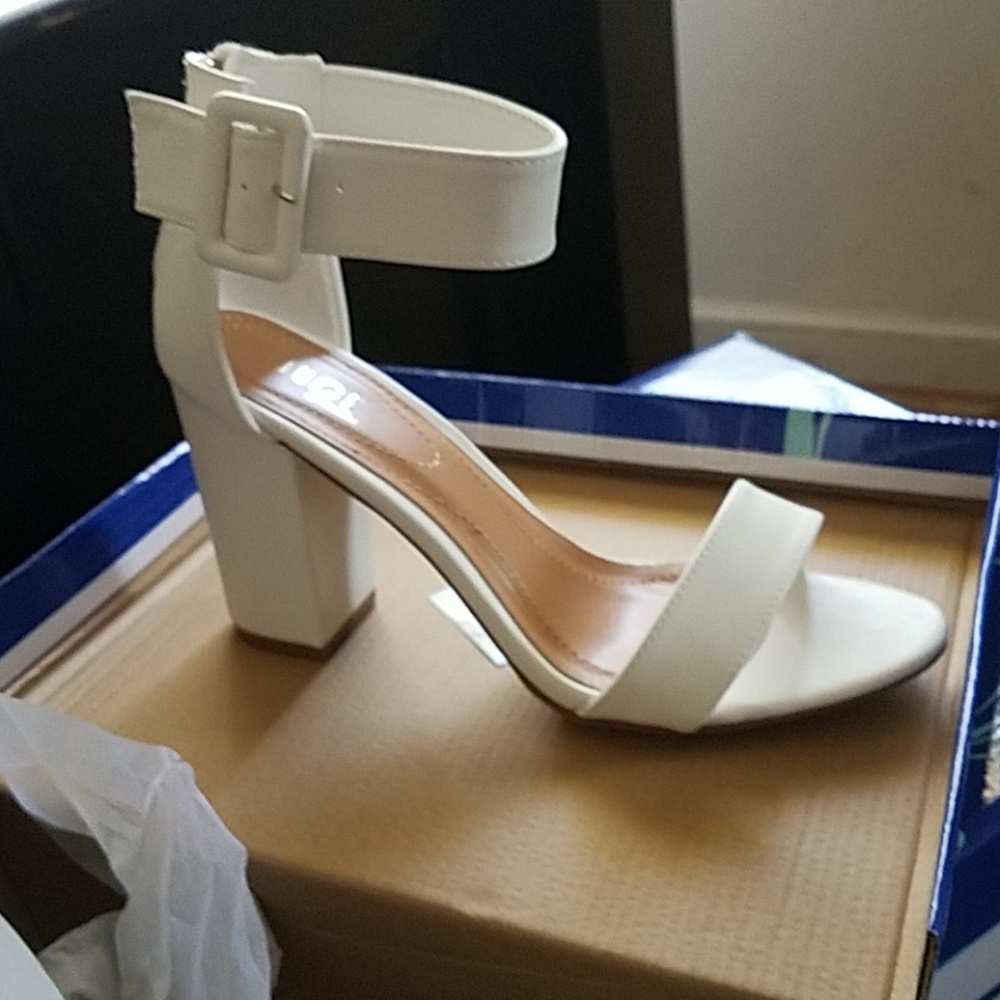White Faux Leather Block Heeled Sandal